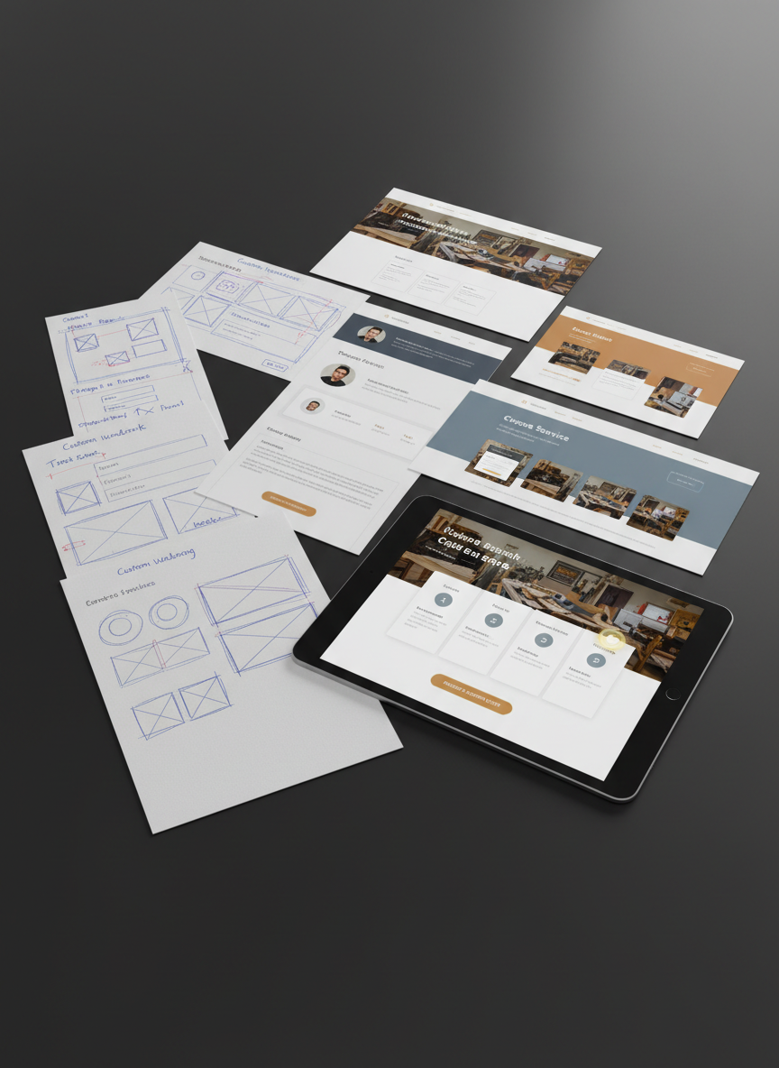 An array of printed wireframes and polished website mockups laid out on a dark matte table, each page showing different sections of a high-converting artisan site: contact form, testimonials, service pages, and a clear quote request flow. A tablet rests among the papers, displaying the same layout in interactive form. Overhead, neutral studio lighting evenly illuminates the scene, accentuating the contrast between sketch lines and sharp UI design. Shot from a slightly elevated angle with sharp focus throughout, the photographic image conveys structure, strategic planning, and professional digital marketing for local businesses seeking more quote requests.