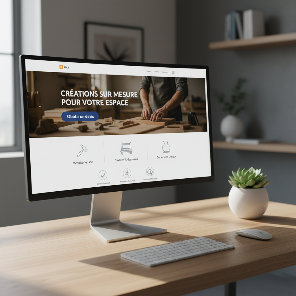 A close-up photographic view of a minimalist desktop setup displaying a professional artisan website homepage on a widescreen monitor: a bold hero banner with a clear call-to-action button labeled “Obtenir un devis,” neat service sections, and trust-building icons. The monitor stands on a light oak desk beside a small potted plant and a wireless keyboard and mouse. Soft, diffused daylight from the side casts subtle shadows and highlights the screen’s vivid colors. The composition follows the rule of thirds, with the monitor slightly off-center and a shallow depth of field that softly blurs a neutral office background, creating a calm, trustworthy atmosphere ideal for showcasing digital marketing success.