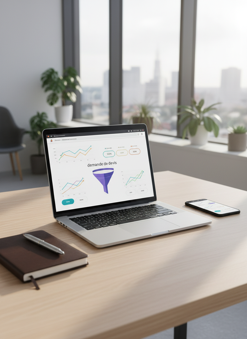 A sleek, high-resolution laptop open on a tidy wooden desk, its screen displaying a clean analytics dashboard with rising conversion graphs, colorful KPI cards, and a prominent “demande de devis” funnel. Around the laptop lie a leather notebook, a pen, and a smartphone showing a simplified mobile version of the same site. The workspace sits near a large window in a modern office, with soft daylight creating gentle reflections on the laptop’s metallic body. Photographic realism with a professional, clean aesthetic, shot at eye level with a shallow depth of field, keeping the screens in sharp focus and the background slightly blurred to convey clarity, efficiency, and digital performance.
